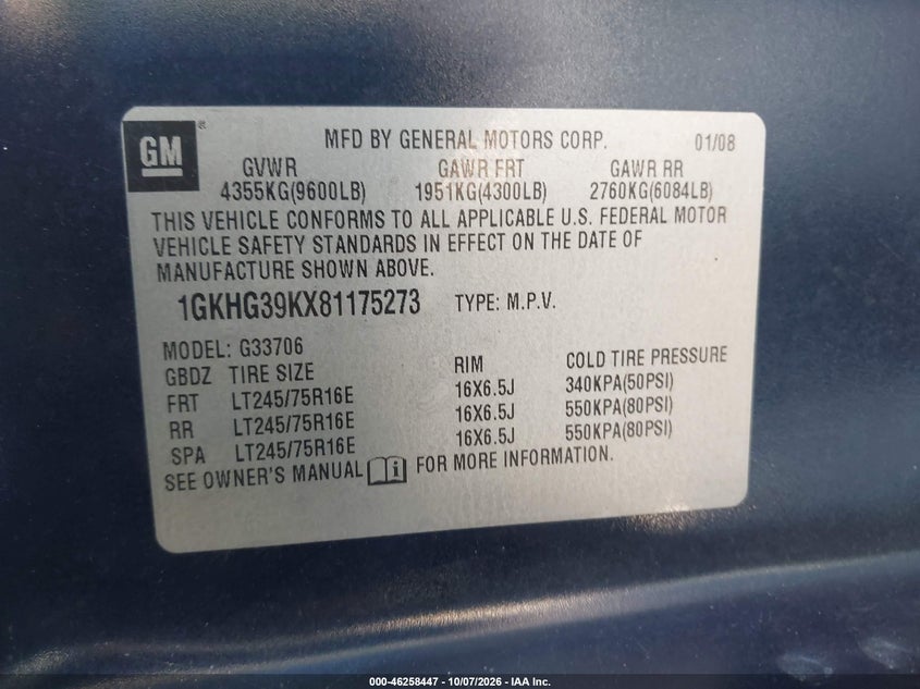 GMC SAVANA 2008 VIN 1GKHG39KX81175273