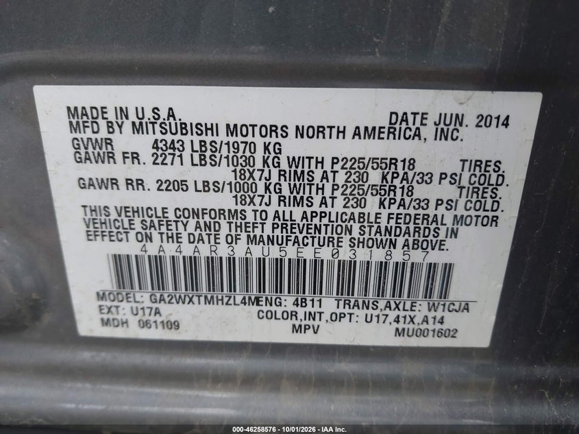 MITSUBISHI OUTLANDER SPORT 2014 VIN 4A4AR3AU5EE031857
