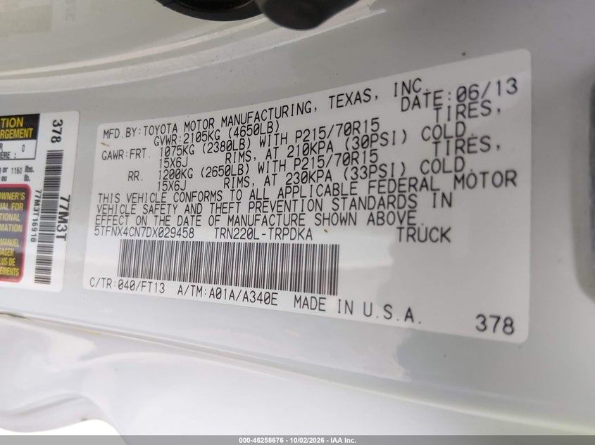 TOYOTA TACOMA 2013 VIN 5TFNX4CN7DX029458