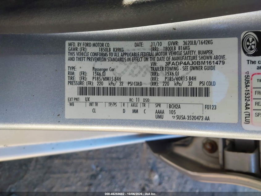 FORD FIESTA 2011 VIN 3FADP4AJ0BM161479