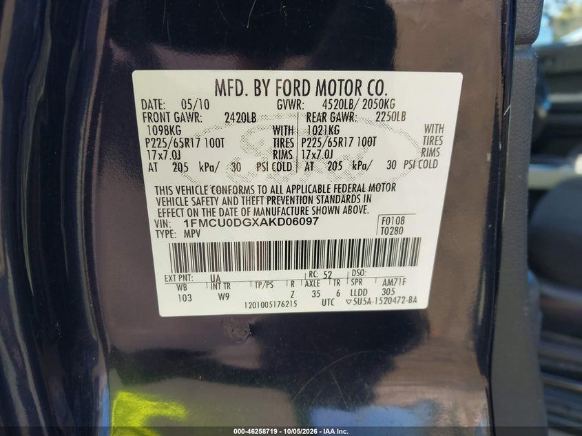 FORD ESCAPE 2010 VIN 1FMCU0DGXAKD06097