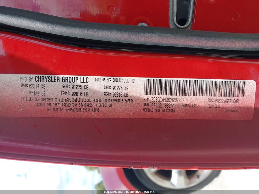 DODGE CHARGER 2012 VIN 2C3CDXHG9CH282297