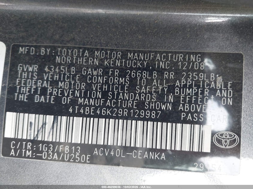 TOYOTA CAMRY 2009 VIN 4T4BE46K29R129987