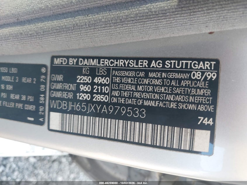 MERCEDES-BENZ E 2000 VIN WDBJH65JXYA979533