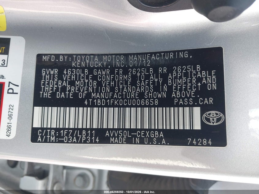 TOYOTA CAMRY HYBRID 2012 VIN 4T1BD1FK0CU006658