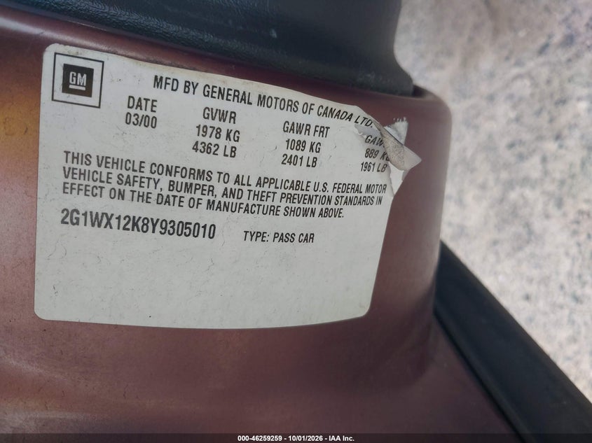 CHEVROLET MONTE CARLO 2000 VIN 2G1WX12K8Y9305010