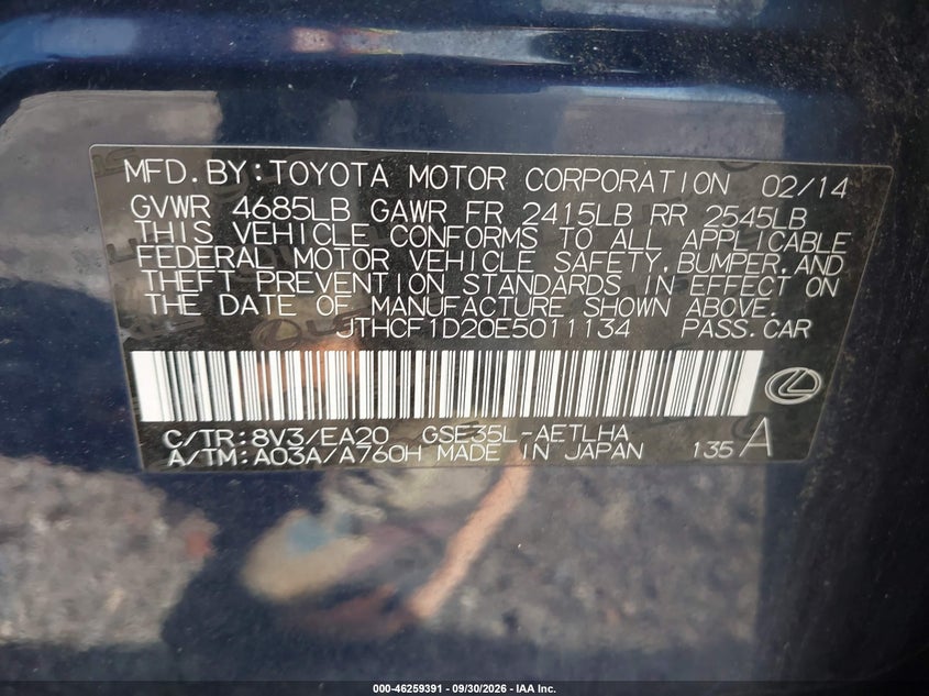 LEXUS IS 250 2014 VIN JTHCF1D20E5011134