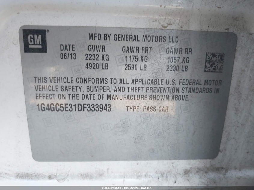 BUICK LACROSSE 2013 VIN 1G4GC5E31DF333943