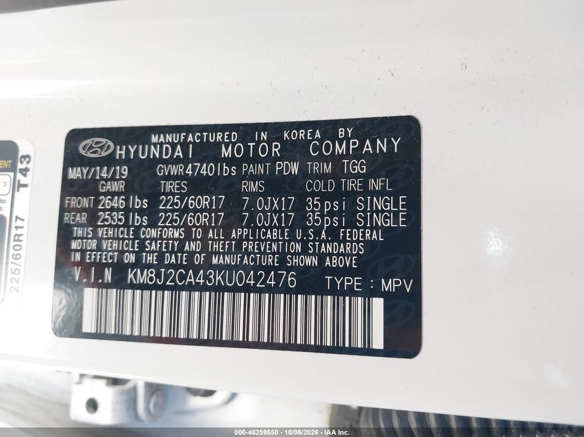 HYUNDAI TUCSON 2019 VIN KM8J2CA43KU042476