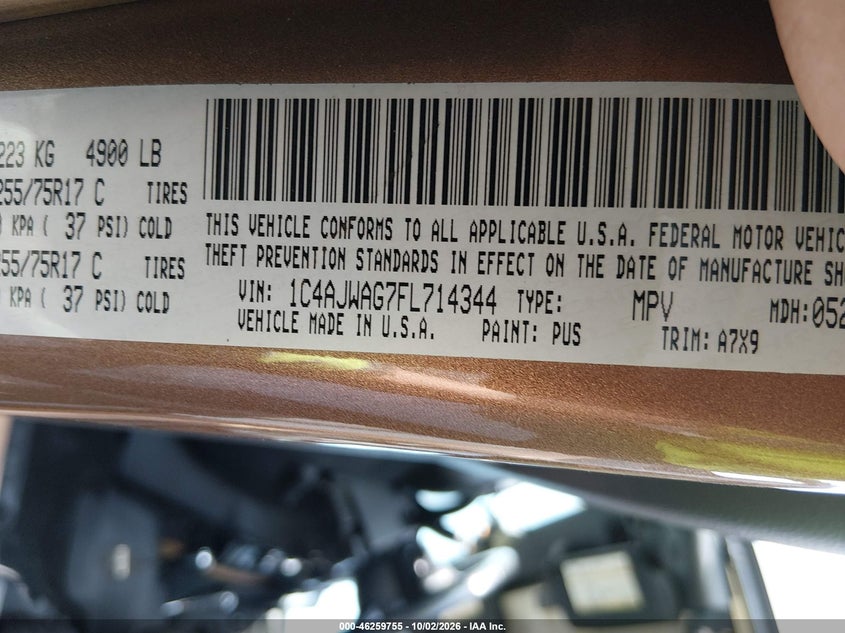 JEEP WRANGLER 2015 VIN 1C4AJWAG7FL714344