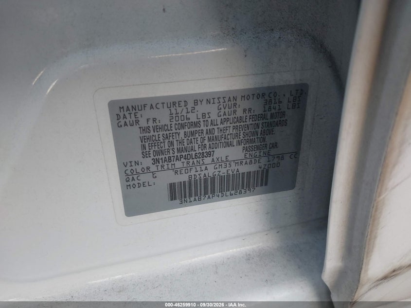 NISSAN SENTRA 2013 VIN 3N1AB7AP4DL628397