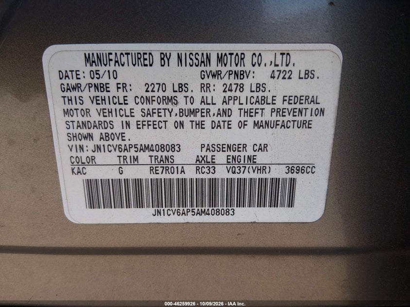 INFINITI G37 2010 VIN JN1CV6AP5AM408083