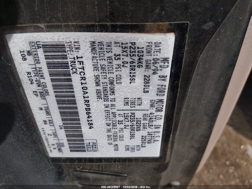 FORD RANGER 1994 VIN 1FTCR10A1RPB64184