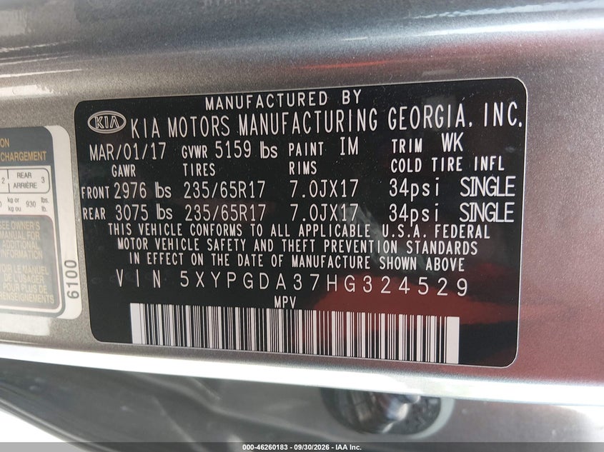 KIA SORENTO 2017 VIN 5XYPGDA37HG324529