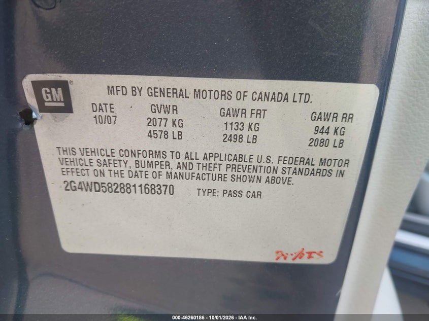 BUICK LACROSSE 2008 VIN 2G4WD582881168370