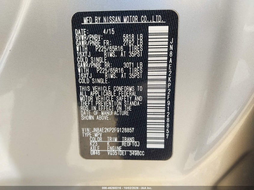 NISSAN QUEST 2015 VIN JN8AE2KP2F9128857