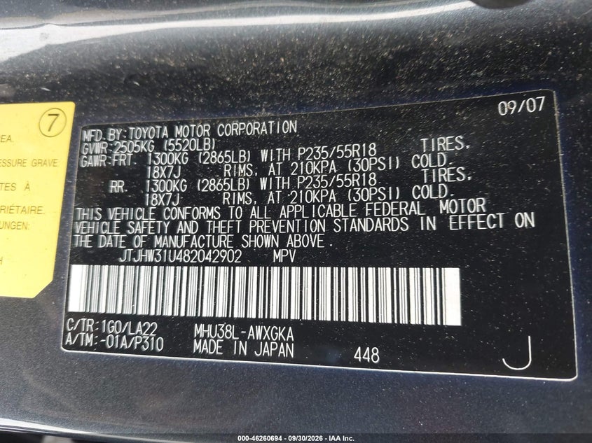 LEXUS RX 400H 2008 VIN JTJHW31U482042902