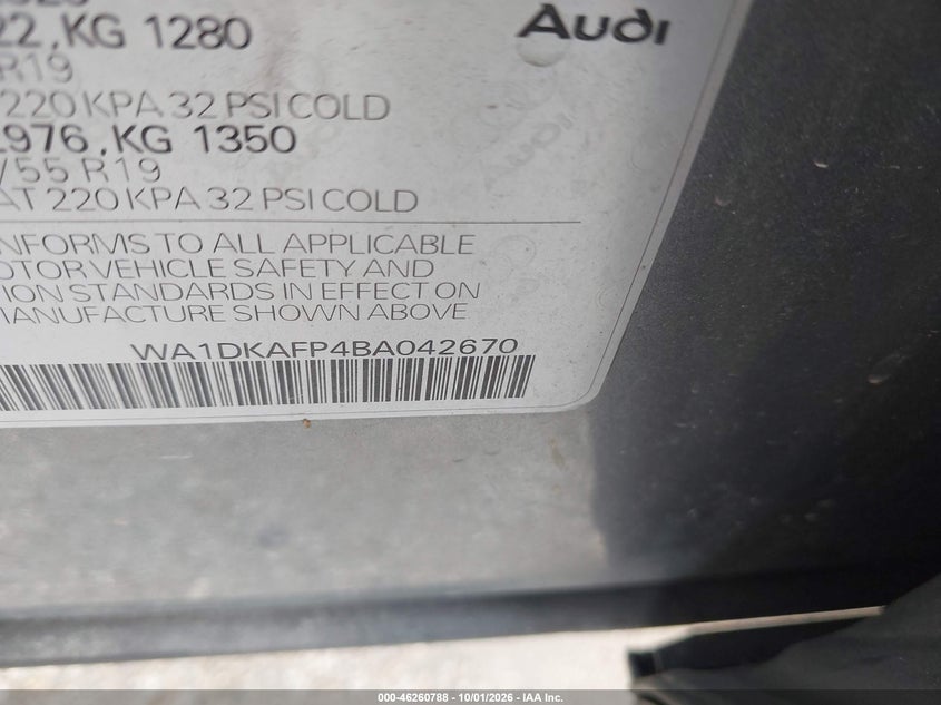 AUDI Q5 2011 VIN WA1DKAFP4BA042670