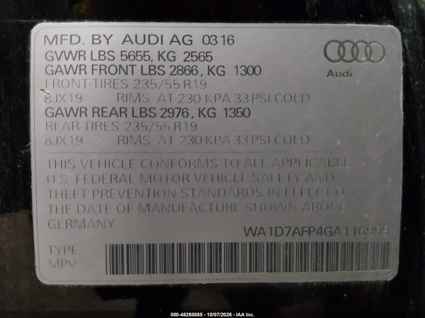 AUDI Q5 2016 VIN WA1D7AFP4GA116999