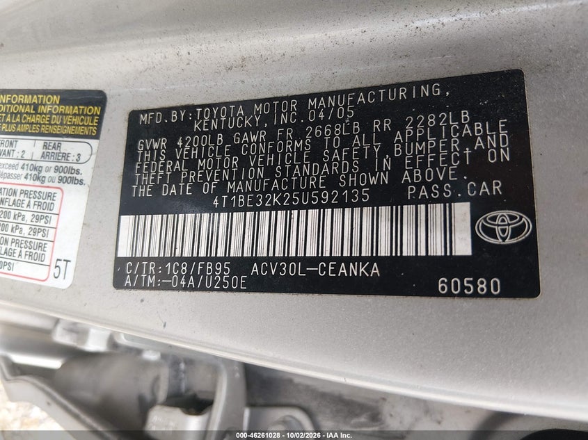 TOYOTA CAMRY 2005 VIN 4T1BE32K25U592135