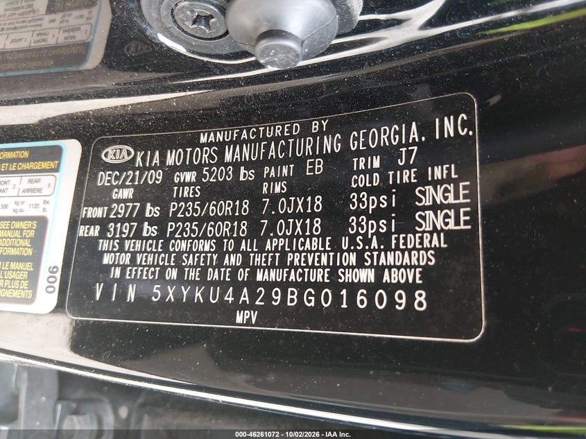 KIA SORENTO 2011 VIN 5XYKU4A29BG016098