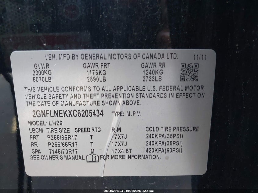 CHEVROLET EQUINOX 2012 VIN 2GNFLNEKXC6205434