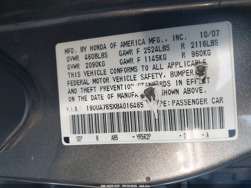 ACURA TL 2008 VIN 19UUA765X8A016465