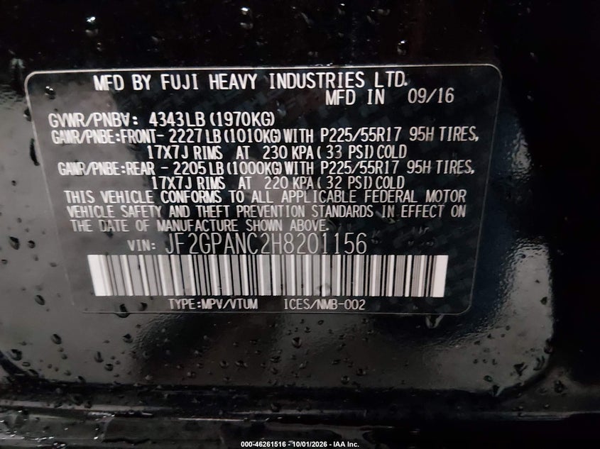 SUBARU CROSSTREK 2017 VIN JF2GPANC2H8201156