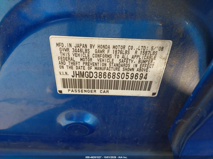 HONDA FIT 2008 VIN JHMGD38668S059694
