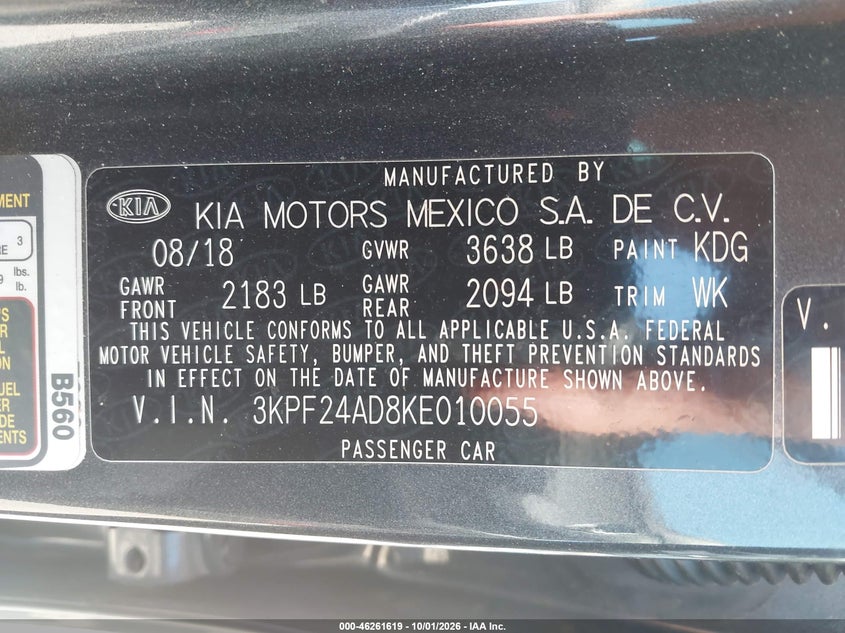 KIA FORTE 2019 VIN 3KPF24AD8KE010055