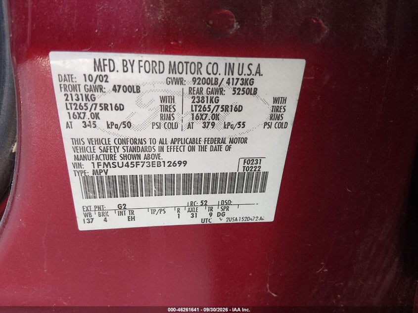 FORD EXCURSION 2003 VIN 1FMSU45F73EB12699