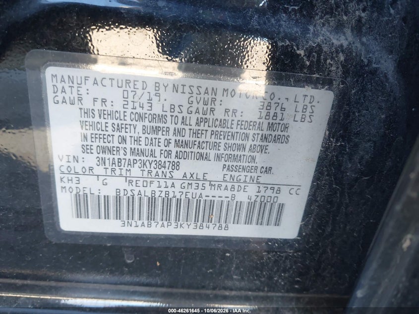 NISSAN SENTRA 2019 VIN 3N1AB7AP3KY384788