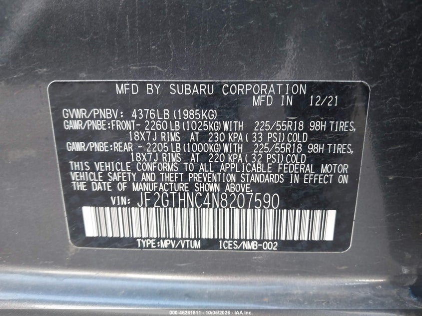 SUBARU CROSSTREK 2022 VIN JF2GTHNC4N8207590