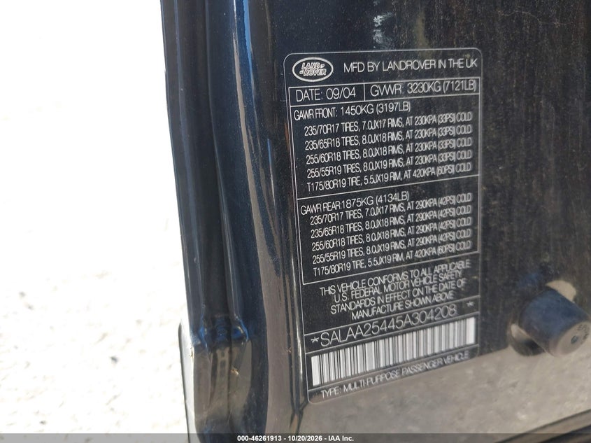 LAND-ROVER LR3 2005 VIN SALAA25445A304208