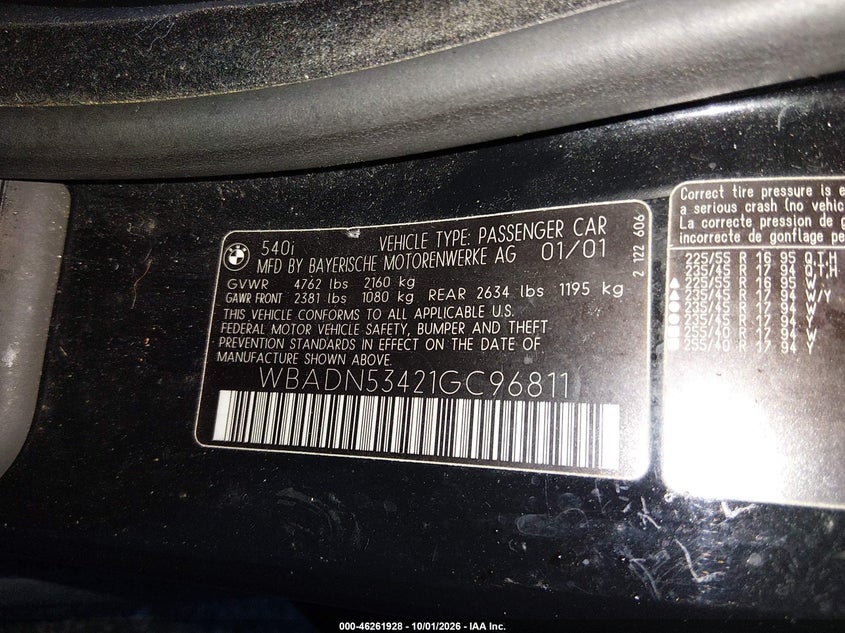 BMW 540I 2001 VIN WBADN53421GC96811