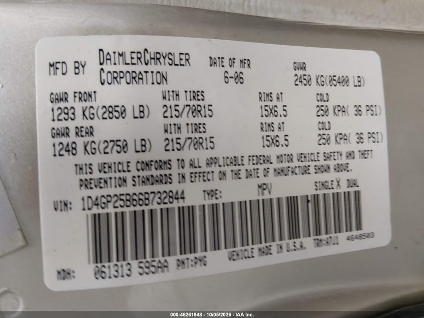 DODGE CARAVAN 2006 VIN 1D4GP25B66B732844