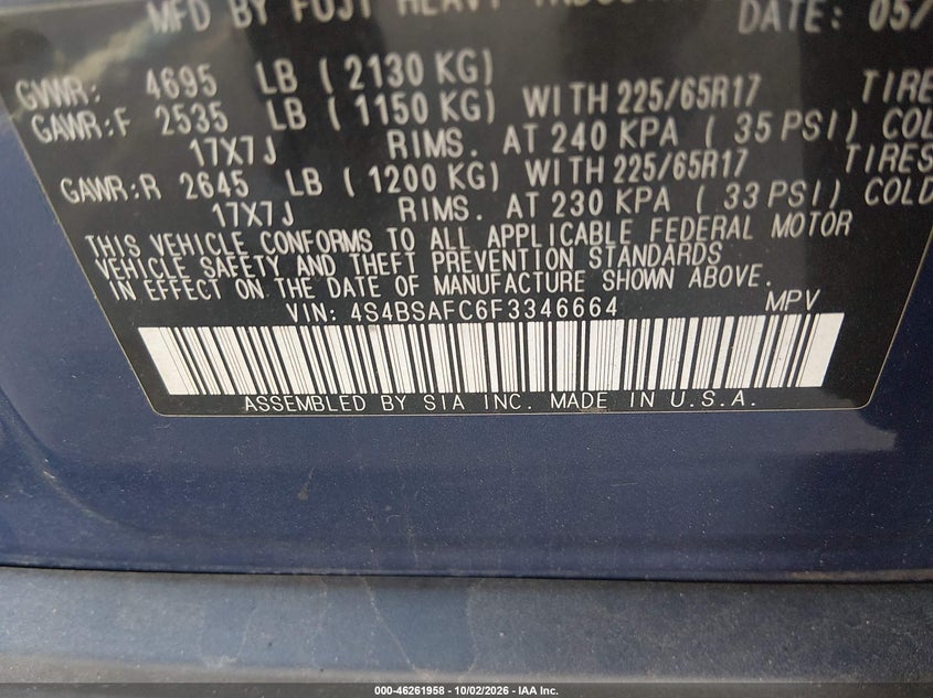 SUBARU OUTBACK 2015 VIN 4S4BSAFC6F3346664