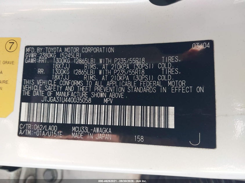 LEXUS RX 330 2004 VIN JTJGA31U440035058