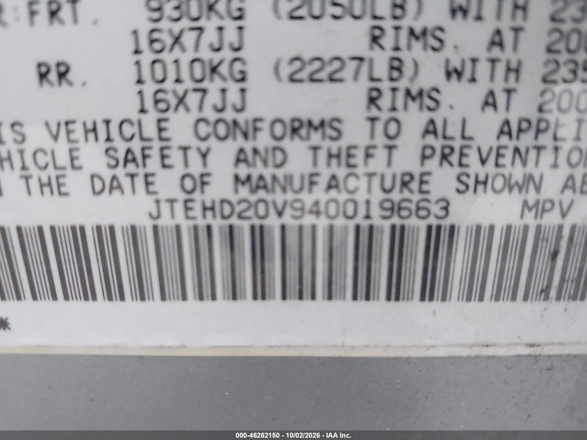 TOYOTA RAV4 2004 VIN JTEHD20V940019663