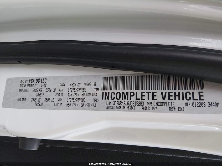 RAM 2500 2018 VIN 3C7WR4AJ6JG215283