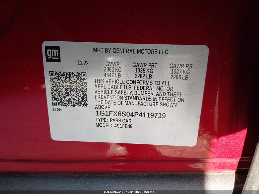 CHEVROLET BOLT EV 2023 VIN 1G1FX6S04P4119719