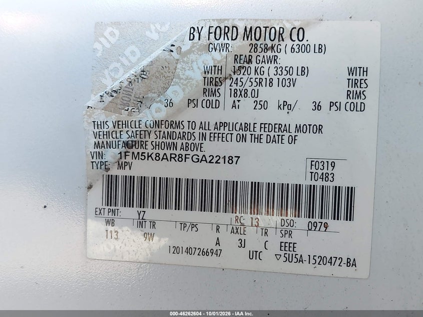 FORD UTILITY POLICE INTERCEPTOR 2015 VIN 1FM5K8AR8FGA22187
