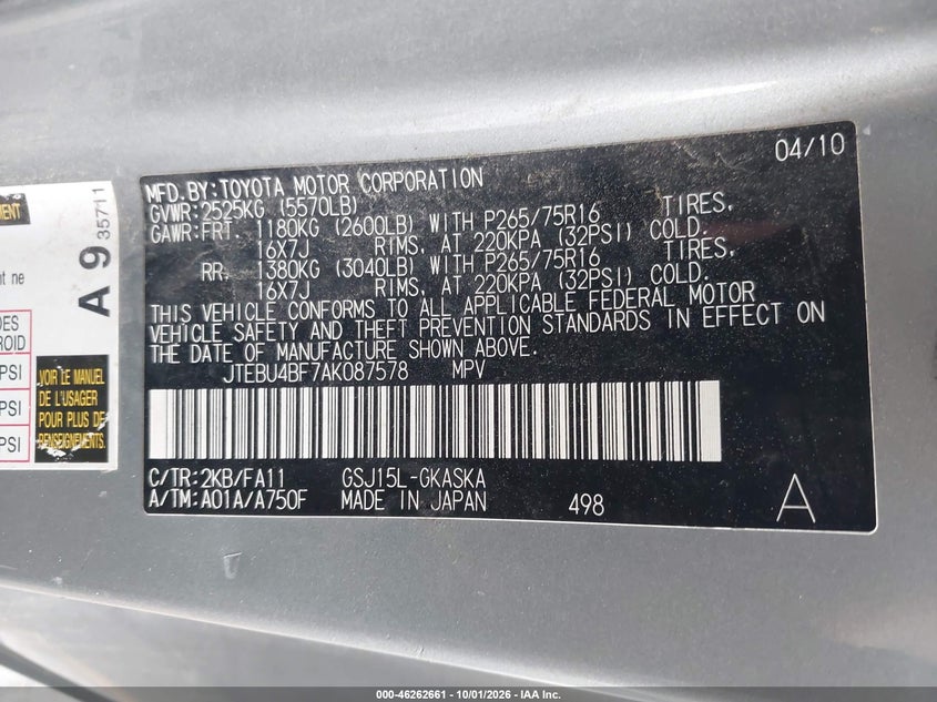 TOYOTA FJ CRUISER 2010 VIN JTEBU4BF7AK087578