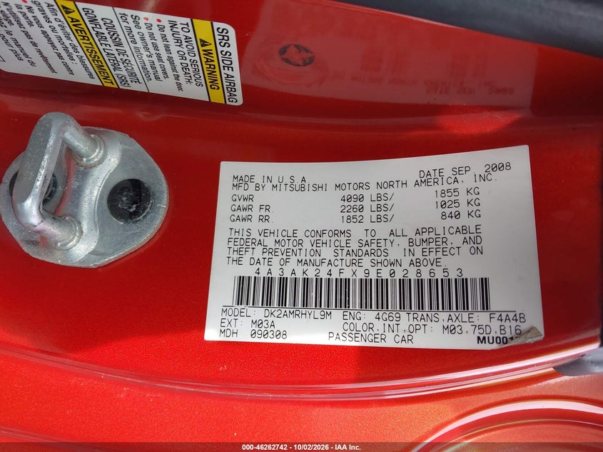 MITSUBISHI ECLIPSE 2009 VIN 4A3AK24FX9E028653
