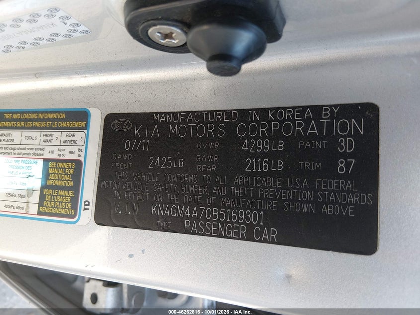 KIA OPTIMA 2011 VIN KNAGM4A70B5169301