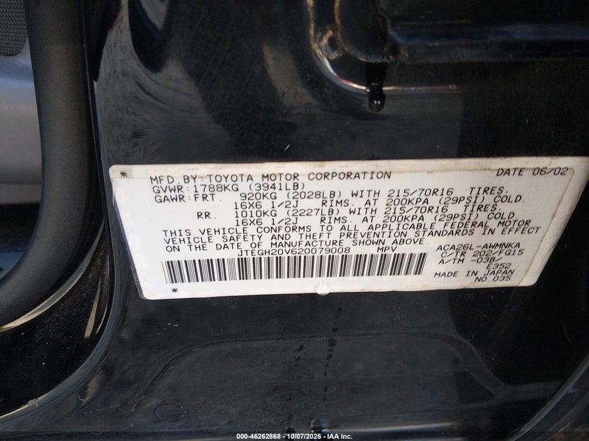 TOYOTA RAV4 2002 VIN JTEGH20V620079008