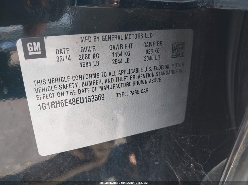 CHEVROLET VOLT 2014 VIN 1G1RH6E48EU153569
