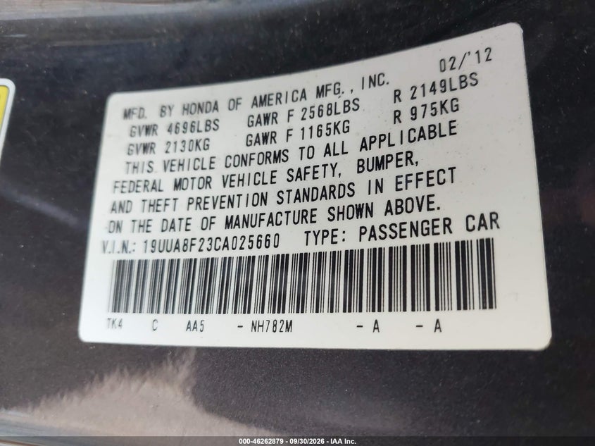 ACURA TL 2012 VIN 19UUA8F23CA025660