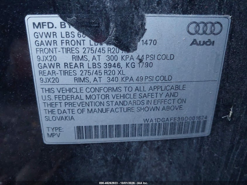 AUDI Q7 2011 VIN WA1DGAFE3BD001624