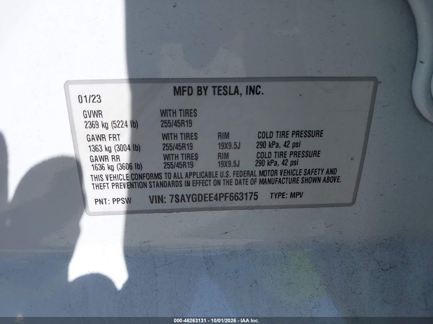 TESLA MODEL Y 2023 VIN 7SAYGDEE4PF663175
